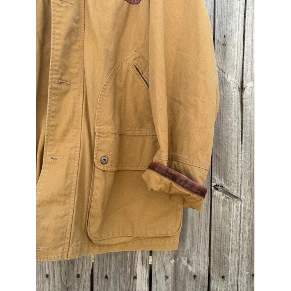 Vintage Tommy Hilfiger Canvas Barn Chore Jacket Tan Leather Yoke Corduroy Plaid - Picture 7 of 16